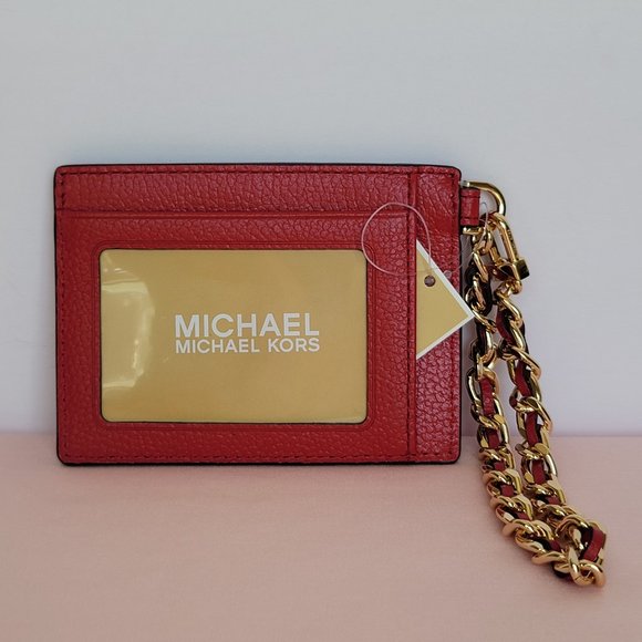 MICHAEL KORS Jet Set Small ID Pebbled Leather Chain Card Holder Case-Crimson⭐ - Picture 8 of 16